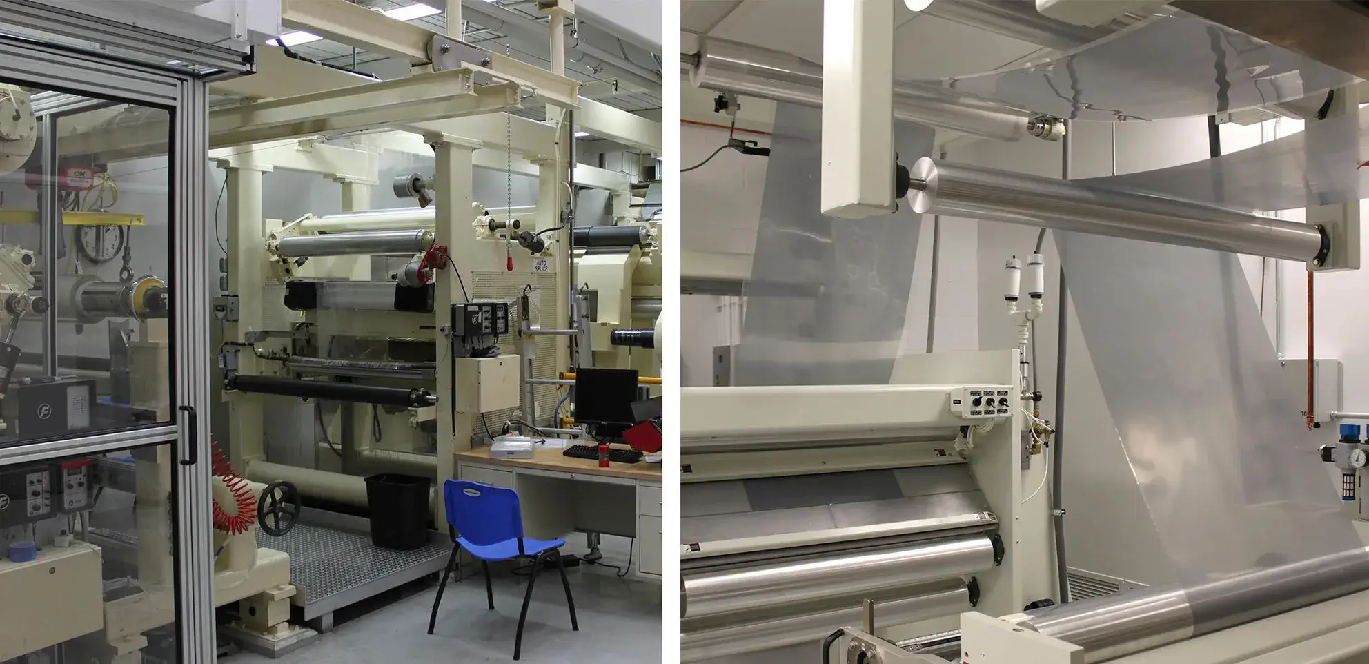 manufacturing equipment being fed by large sheets of flexible plastic bending around rollers